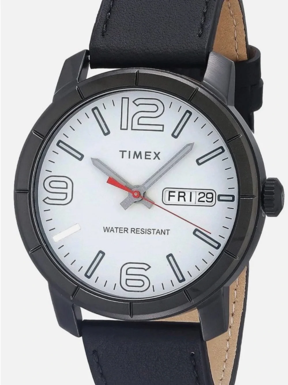 Timex Black Leather Strap Watch with White Dial and Red Seconds Hand Mens Watch